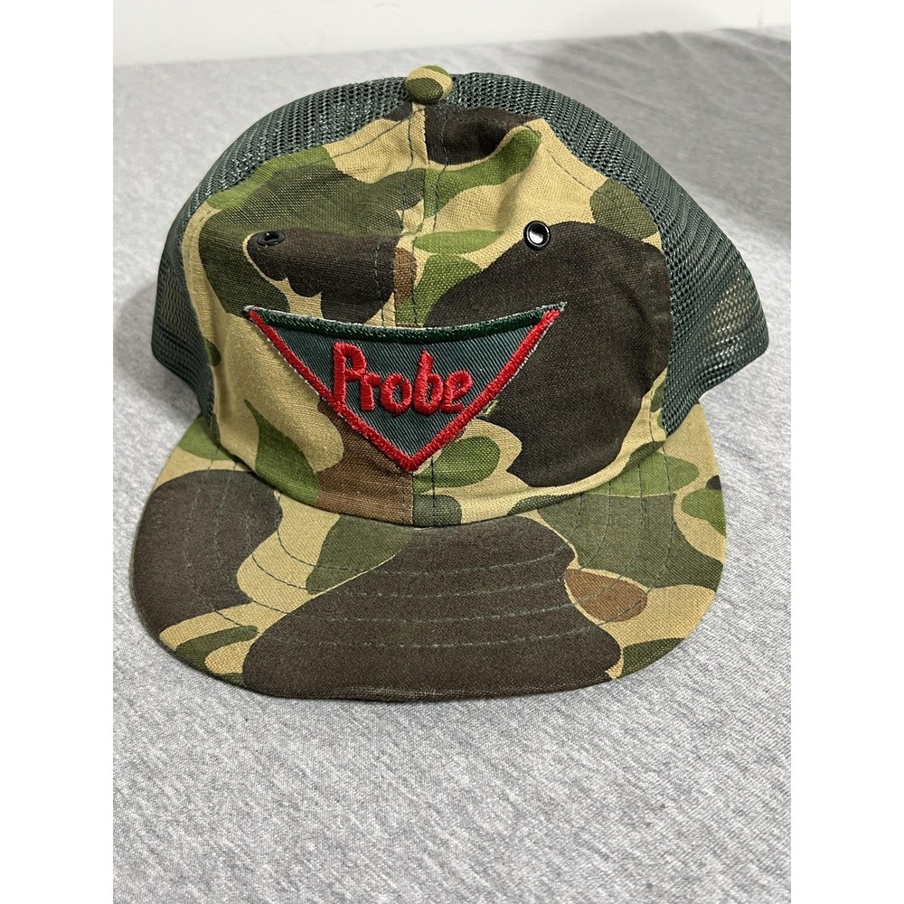 Probe Hat Cap Snap Back Mens Small-Medium Green Camo Trucker Mesh Embroidered